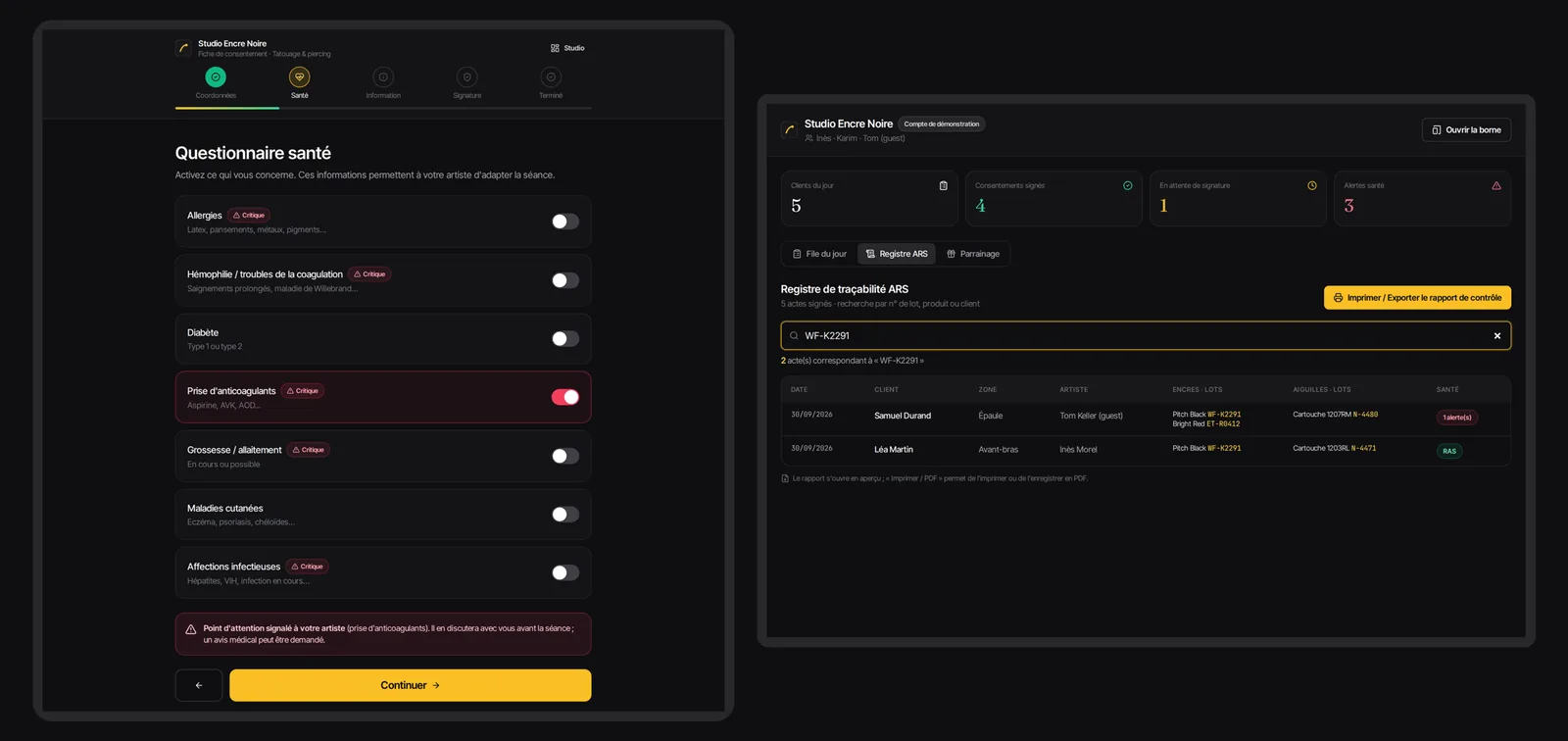 InkTrace : la borne tablette côté client et le registre de traçabilité côté studio