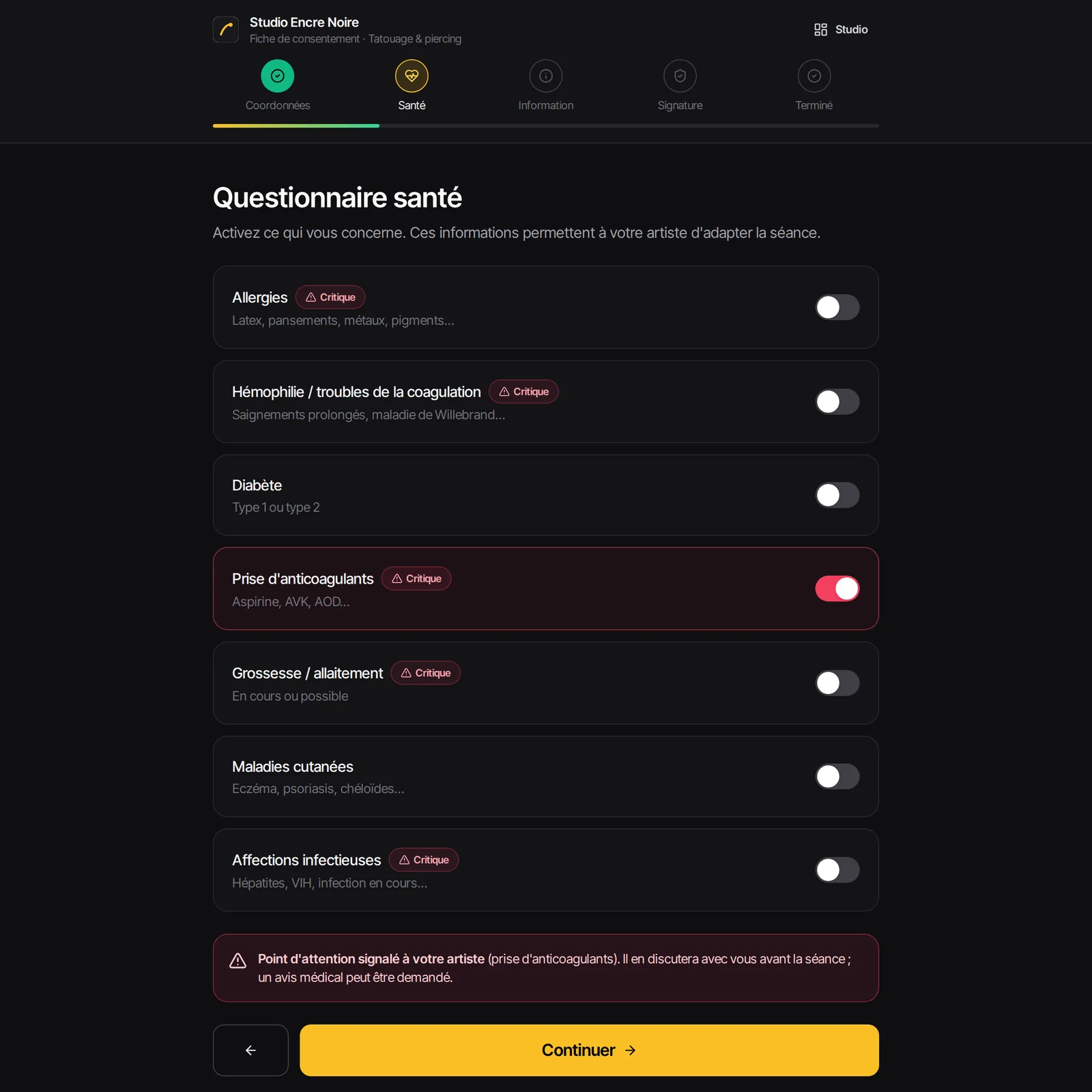 Borne tablette : questionnaire santé