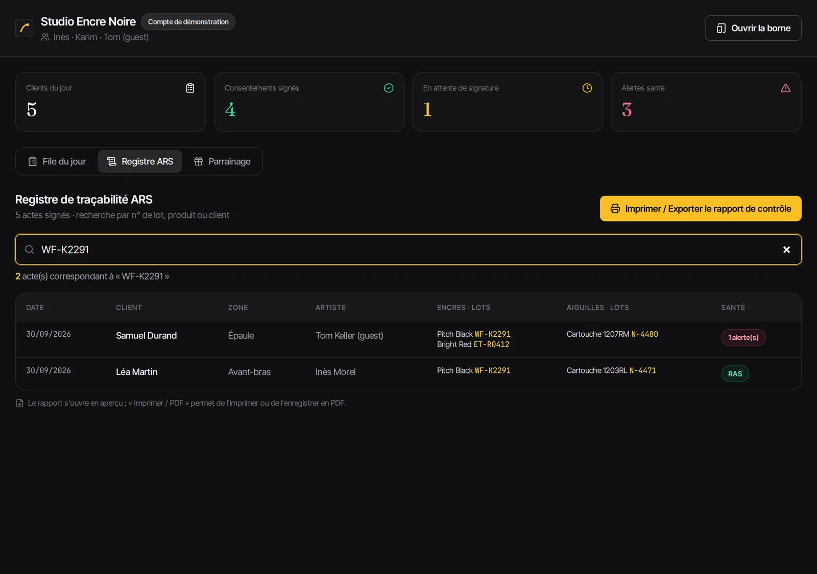Dashboard studio : registre filtré sur un lot